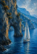Amalfi Azure Amalfi Coast Wall Art featuring solitary sailboat passing beneath rugged headlands for refined interiors