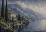 Como Mist Lake Como Wall Art featuring lakeside villa framed by tall cypress trees for refined interiors