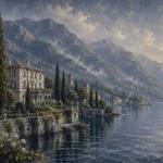 Como Mist Lake Como Wall Art featuring lakeside villa framed by tall cypress trees for refined interiors