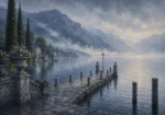 Como Mist Lake Como Wall Art featuring stone jetty extending into still silver water for refined interiors