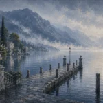 Como Mist Lake Como Wall Art featuring stone jetty extending into still silver water for refined interiors