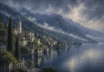 Como Mist Lake Como Wall Art featuring hillside village mirrored across the lake for refined interiors