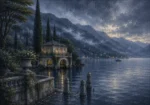 Como Mist Lake Como Wall Art featuring elegant boathouse beneath clouded alpine slopes for refined interiors