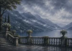 Como Mist Lake Como Wall Art featuring garden balustrade overlooking distant mountains for refined interiors