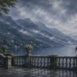 Como Mist Lake Como Wall Art featuring garden balustrade overlooking distant mountains for refined interiors