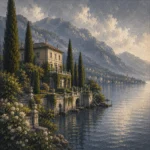 Como Mist Lake Como Wall Art featuring lakeside villa framed by tall cypress trees for refined interiors