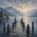 Como Mist Lake Como Wall Art featuring stone jetty extending into still silver water for refined interiors