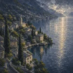 Como Mist Lake Como Wall Art featuring hillside village mirrored across the lake for refined interiors