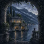 Como Mist Lake Como Wall Art featuring elegant boathouse beneath clouded alpine slopes for refined interiors