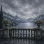 Como Mist Lake Como Wall Art featuring garden balustrade overlooking distant mountains for refined interiors