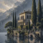 Como Mist Lake Como Wall Art featuring lakeside villa framed by tall cypress trees for refined interiors