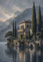 Como Mist Lake Como Wall Art featuring lakeside villa framed by tall cypress trees for refined interiors