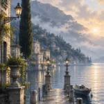 Como Mist Lake Como Wall Art featuring stone jetty extending into still silver water for refined interiors