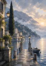 Como Mist Lake Como Wall Art featuring stone jetty extending into still silver water for refined interiors