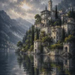 Como Mist Lake Como Wall Art featuring hillside village mirrored across the lake for refined interiors