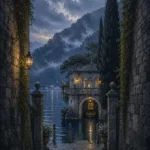 Como Mist Lake Como Wall Art featuring elegant boathouse beneath clouded alpine slopes for refined interiors