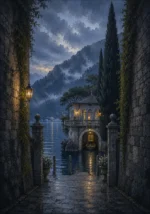 Como Mist Lake Como Wall Art featuring elegant boathouse beneath clouded alpine slopes for refined interiors