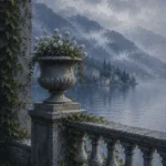 Como Mist Lake Como Wall Art featuring garden balustrade overlooking distant mountains for refined interiors