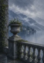 Como Mist Lake Como Wall Art featuring garden balustrade overlooking distant mountains for refined interiors