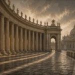 Roman Travertine Rome Wall Art featuring grand colonnade receding toward a shadowed arch for refined interiors