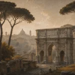Roman Travertine Rome Wall Art featuring ancient triumphal arch framed by umbrella pines for refined interiors