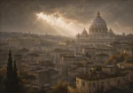 Roman Travertine Rome Wall Art featuring domed basilica rising above layered stone roofs for refined interiors