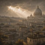Roman Travertine Rome Wall Art featuring domed basilica rising above layered stone roofs for refined interiors