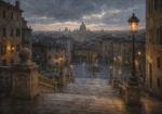 Roman Travertine Rome Wall Art featuring marble stairway leading into a quiet piazza for refined interiors