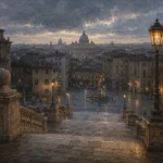 Roman Travertine Rome Wall Art featuring marble stairway leading into a quiet piazza for refined interiors