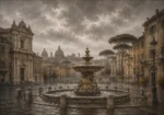 Roman Travertine Rome Wall Art featuring weathered fountain centered among travertine facades for refined interiors