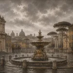 Roman Travertine Rome Wall Art featuring weathered fountain centered among travertine facades for refined interiors