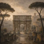Roman Travertine Rome Wall Art featuring ancient triumphal arch framed by umbrella pines for refined interiors