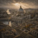 Roman Travertine Rome Wall Art featuring domed basilica rising above layered stone roofs for refined interiors