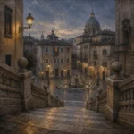 Roman Travertine Rome Wall Art featuring marble stairway leading into a quiet piazza for refined interiors