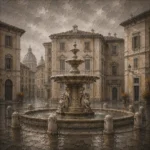 Roman Travertine Rome Wall Art featuring weathered fountain centered among travertine facades for refined interiors