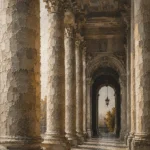 Roman Travertine Rome Wall Art featuring grand colonnade receding toward a shadowed arch for refined interiors