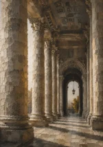 Roman Travertine Rome Wall Art featuring grand colonnade receding toward a shadowed arch for refined interiors