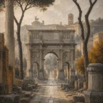 Roman Travertine Rome Wall Art featuring ancient triumphal arch framed by umbrella pines for refined interiors