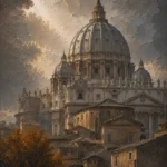 Roman Travertine Rome Wall Art featuring domed basilica rising above layered stone roofs for refined interiors