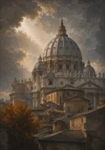 Roman Travertine Rome Wall Art featuring domed basilica rising above layered stone roofs for refined interiors