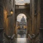 Roman Travertine Rome Wall Art featuring marble stairway leading into a quiet piazza for refined interiors