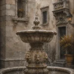 Roman Travertine Rome Wall Art featuring weathered fountain centered among travertine facades for refined interiors