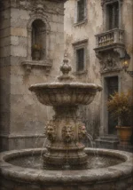 Roman Travertine Rome Wall Art featuring weathered fountain centered among travertine facades for refined interiors