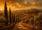 Tuscan Umber Tuscany Wall Art featuring cypress-lined stone road winding toward a hill town for refined interiors