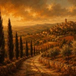 Tuscan Umber Tuscany Wall Art featuring cypress-lined stone road winding toward a hill town for refined interiors