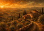 Tuscan Umber Tuscany Wall Art featuring weathered farmhouse surrounded by olive terraces for refined interiors
