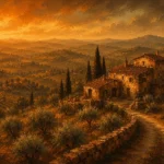 Tuscan Umber Tuscany Wall Art featuring weathered farmhouse surrounded by olive terraces for refined interiors
