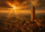 Tuscan Umber Tuscany Wall Art featuring solitary bell tower rising above ochre rooftops for refined interiors