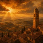 Tuscan Umber Tuscany Wall Art featuring solitary bell tower rising above ochre rooftops for refined interiors