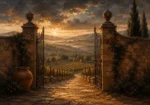 Tuscan Umber Tuscany Wall Art featuring ancient vineyard gate opening onto distant fields for refined interiors